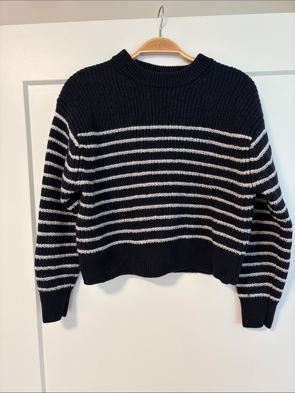 Wilfred navy  and White Striped Crewneck Sweater. Cropped boxy, soft